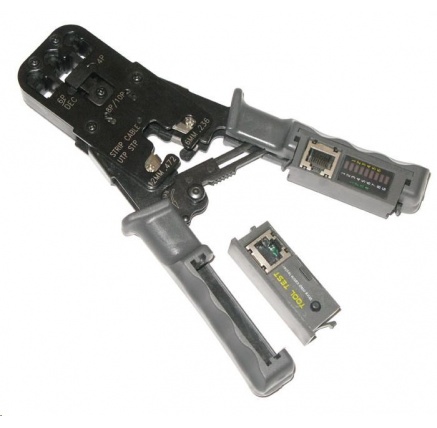 Kleště krimpovací PROFI+ s ráčnou pro konektory RJ11, RJ12, RJ45 s testerem a LED indikací Kleště krimpovací PROFI+ s ráčnou pro konektory RJ11, RJ12, RJ45 s testerem a LED indikací