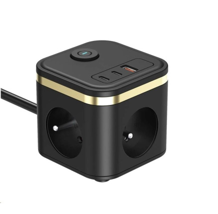 Viking síťový adaptér YC33, 3x 230 V, 1x USB-A, 2x USB-C, tlačítko ON/OFF, délka 1,4 m, černá