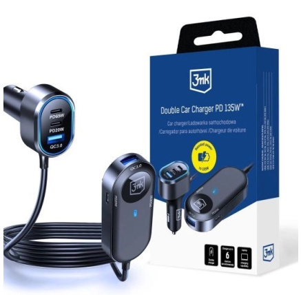 3mk Double Car Charger 135W PD QC PPS USB 2A4C Black/Gray 3mk Double Car Charger 135W PD QC PPS USB 2A4C Black/Gray