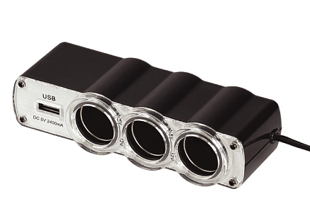 WG - Nabíječka do auta,  rozbočovač, 3x zásuvka zapalovače 12V + 1x USB-A, s prodloužením