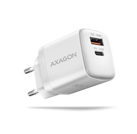 AXAGON ACU-PQ30W, Sil nabíječka do sítě 30W, 2x port (USB-A + USB-C), PD3.0/PPS/QC4+/SFC/AFC/Apple, bílá