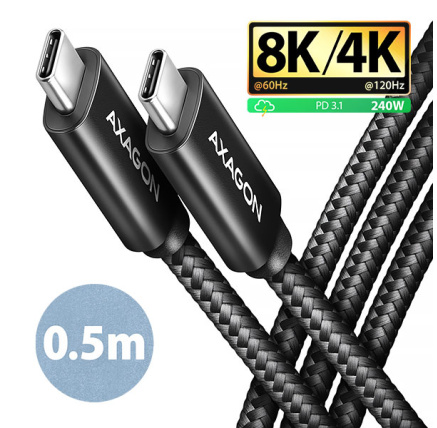 AXAGON BUCM4X-CM05AB NewGEN+ kabel USB-C <-> USB-C, 0.5m, USB4 Gen 3×2, PD 240W 5A, 8K HD, ALU, oplet, černý