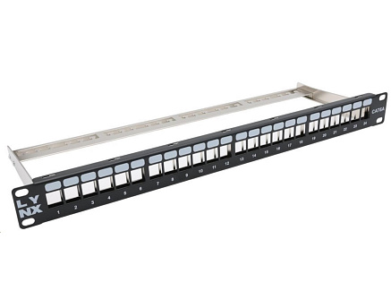 LYNX Patch panel, 19'', 24 portů, 1U, Cat5e/6/6A/7, neosazený, stíněný, vyvazovák, černý