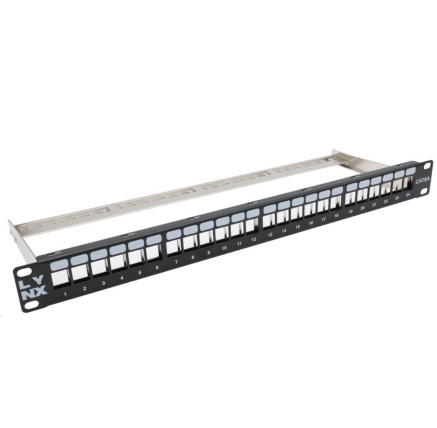 LYNX Patch panel, 19'', 24 portů, 1U, Cat5e/6/6A/7, neosazený, stíněný, vyvazovák, černý