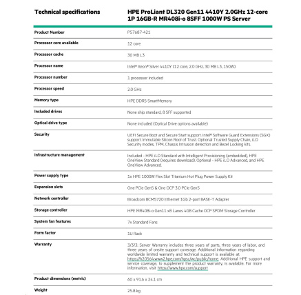 HPE PL DL320g11 4410Y (2.0/12C) 16G (p43322) MR408i-o 8SFFBCU3 1000W 2p1G 1U