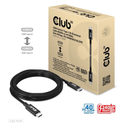 Club3D Kabel USB4 Gen3x2 Typ C 8K60Hz UHD, 40Gbps, Power Delivery 240W, (M/M), 300cm Club3D Kabel USB4 Gen3x2 Typ C 8K60Hz UHD, 40Gbps, Power Delivery 240W, (M/M), 300cm