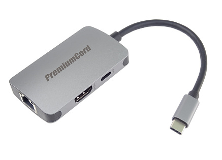 PREMIUMCORD Adaptér USB-C na HDMI + RJ45 + PD adaptér, hliníkové pouzdro