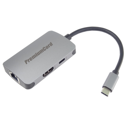 PREMIUMCORD Adaptér USB-C na HDMI + RJ45 + PD adaptér, hliníkové pouzdro PREMIUMCORD Adaptér USB-C na HDMI + RJ45 + PD adaptér, hliníkové pouzdro