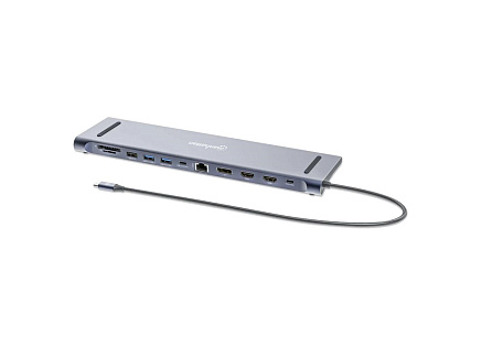 MANHATTAN Dokovací stanice USB-C 12v1, 1xDP, 2xHDMI, 2xUSB-C, 3xUSB, 1xRJ45, čtečka SD karet, šedá