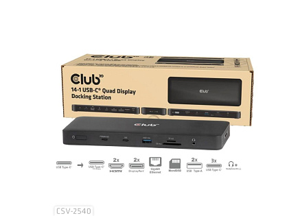 Club3D Dokovací stanice USB-C 14v1, 2xHDMI, 2xDP, 3xUSB-C, 1xUSB-C PD, 2xUSB, 1xRJ45, 1x3.5mm, microSD/SD, černá Club3D Dokovací stanice USB-C 14v1, 2xHDMI, 2xDP, 3xUSB-C, 1xUSB-C PD, 2xUSB, 1xRJ45, 1x3.5mm, microSD/SD, černá