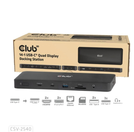 Club3D Dokovací stanice USB-C 14v1, 2xHDMI, 2xDP, 3xUSB-C, 1xUSB-C PD, 2xUSB, 1xRJ45, 1x3.5mm, microSD/SD, černá