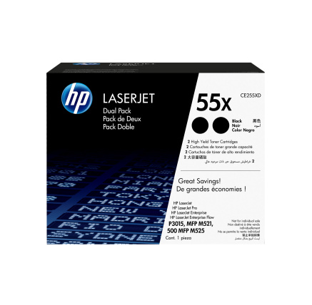 HP 55X Black 2-pack LJ Toner Cart, CE255XD (12,500 / 12,500 pages)