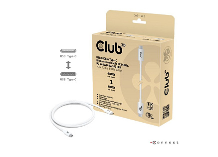 Club3D Kabel USB4 Typ-C, 80Gbps, Certifikovaný kabel, 4K540Hz, 8K240Hz, 16K60Hz, PD 240W, 1.2m, bílá
