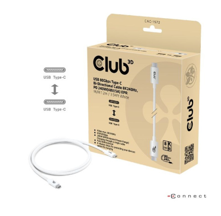 Club3D Kabel USB4 Typ-C, 80Gbps, Certifikovaný kabel, 4K540Hz, 8K240Hz, 16K60Hz, PD 240W, 1.2m, bílá Club3D Kabel USB4 Typ-C, 80Gbps, Certifikovaný kabel, 4K540Hz, 8K240Hz, 16K60Hz, PD 240W, 1.2m, bílá