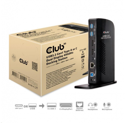 Club3D Dokovací stanice USB-A nebo USB-C, 10v1 2xDP, 6xUSB, 1xRJ45, 1x3.5mm, černá Club3D Dokovací stanice USB-A nebo USB-C, 10v1 2xDP, 6xUSB, 1xRJ45, 1x3.5mm, černá