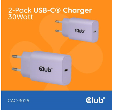 Club3D Nabíječka, USB-C, Power Delivery 15V/2A, 2-pack, fialová Club3D Nabíječka, USB-C, Power Delivery 15V/2A, 2-pack, fialová