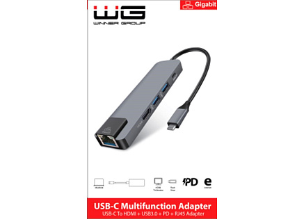WG - HUB Type-C  4 v1, HDMI + RJ45 + USB3.0, hliníkový