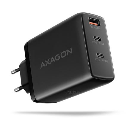 AXAGON ACU-DPQ100, GaN nabíječka do sítě 100W, 3x port (USB-A + dual USB-C), PD3.0/PPS/QC4+/Apple, černá AXAGON ACU-DPQ100, GaN nabíječka do sítě 100W, 3x port (USB-A + dual USB-C), PD3.0/PPS/QC4+/Apple, černá
