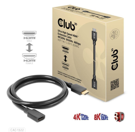 Club3D prodlužovací Ultra rychlý HDMI kabel, 4K120Hz, 8K60Hz, 48Gbps, M/F, 1m, 30 AWG