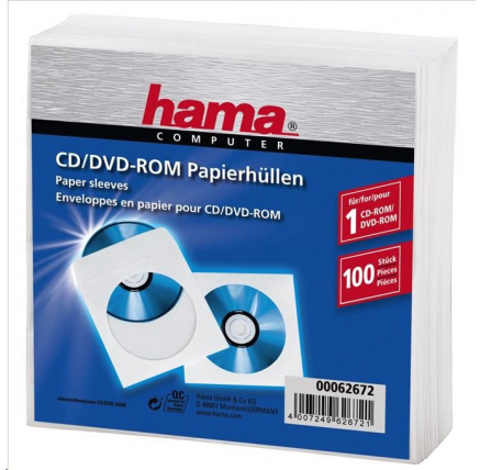 Hama ochranné obaly na CD/DVD, papierové, biele, 100 ks
