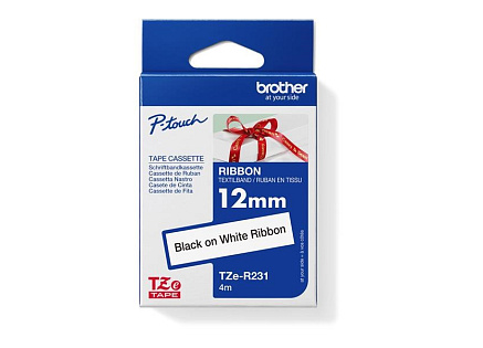 BROTHER TZE-R231 - kazeta TZ šířky 12mm, TEXTILNÍ páska 4m- pro tvorbu dárků - NELEPÍCÍ - BÍLÁ PÁSKA, ČERNÝ POTISK