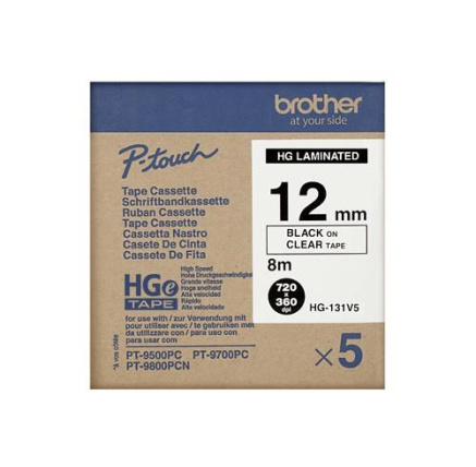 BROTHER HGE-131V5 Labelling Supplies, 12mm Black/Clear (5 pcs Pack) High Grade Tape