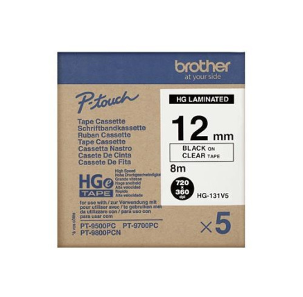 BROTHER HGE-131V5 Labelling Supplies, 12mm Black/Clear (5 pcs Pack) High Grade Tape BROTHER HGE-131V5 Labelling Supplies, 12mm Black/Clear (5 pcs Pack) High Grade Tape