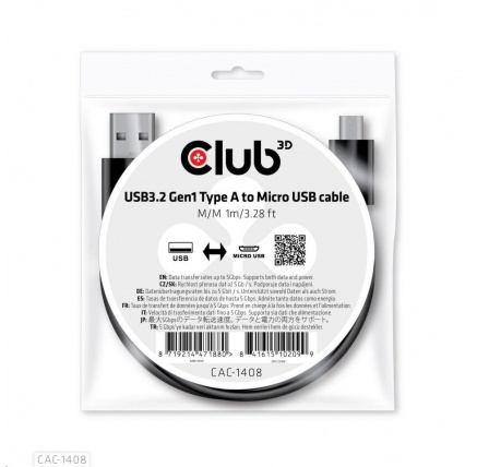 Club3D Kabel USB 3.2 Gen1 Type-A to Micro USB Cable M/M, 1m Club3D Kabel USB 3.2 Gen1 Type-A to Micro USB Cable M/M, 1m