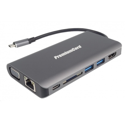 PREMIUMCORD Převodník USB3.1 typ C na HDMI+VGA+RJ45+2xUSB3.0+SD card +3,5mm+PD charge