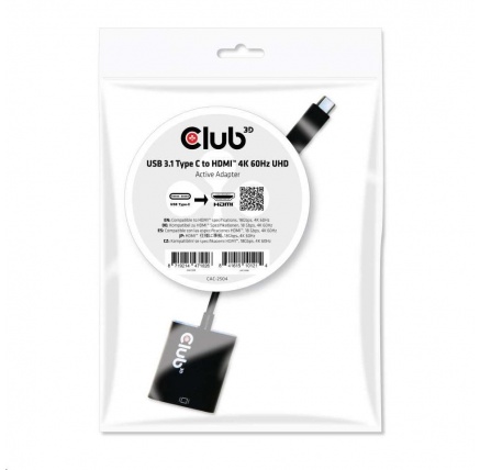 Club3D Adaptér aktivní USB 3.1 typ C na HDMI 2.0 UHD 4K60Hz HDR, 17cm