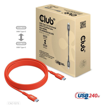 Club3D kabel USB-C, Oboustranný USB-IF Certifikovaný data kabel, Data 480Mb,PD 240W(48V/5A) EPR M/M 2m