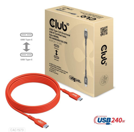 Club3D kabel USB-C, Oboustranný USB-IF Certifikovaný data kabel, Data 480Mb,PD 240W(48V/5A) EPR M/M 2m Club3D kabel USB-C, Oboustranný USB-IF Certifikovaný data kabel, Data 480Mb,PD 240W(48V/5A) EPR M/M 2m