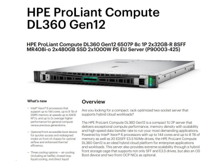 HPE PL DL360g12 6507P (3.5/8C) 2x32G (P69727) 2x480G MR408i-o 8SFF 2x1000W 2p10G-T NBD333 Smart Choice