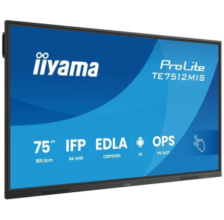 Iiyama ProLite TE7512MIS, 24/7, 190.5 cm (75''), PureTouch-IR, 4K, USB, USB-C, Ethernet, Wi-Fi, kit (USB), black