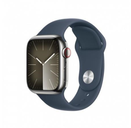 APPLE Watch Series 9 GPS + Cellular 41mm Silver Stainless Steel Case with Storm Blue Sport Band - M/L