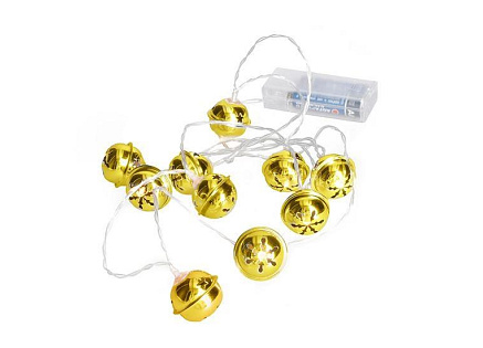 Solight LED vánoční řetěz rolničky, 10x LED, zlatá, 1,5m, 2x AA
