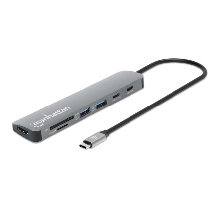 MANHATTAN Dokovací stanice USB-C 7v1, 1xHDMI, 2xUSB-C, 2xUSB, čtečka SD karet, šedá MANHATTAN Dokovací stanice USB-C 7v1, 1xHDMI, 2xUSB-C, 2xUSB, čtečka SD karet, šedá