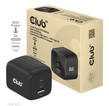 Club3D cestovní nabíječka 65W GAN technologie, 3 porty (2xUSB-C + USB-A), PPS, Power Delivery(PD) 3.0 Support Club3D cestovní nabíječka 65W GAN technologie, 3 porty (2xUSB-C + USB-A), PPS, Power Delivery(PD) 3.0 Support