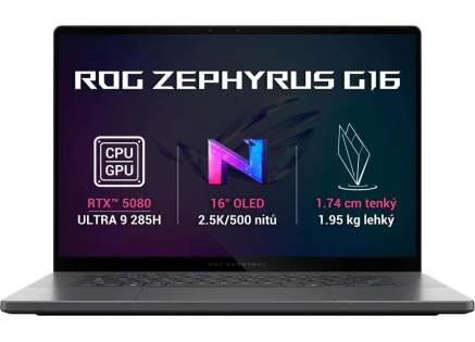 ASUS NTB ROG Zephyrus G16 (GU605CW-QR204), Ultra 9 285H, 16" 2560x1600, 64GB, 1TB SSD, Arc+RTX 5080, No OS, Eclipse Gray ASUS NTB ROG Zephyrus G16 (GU605CW-QR204), Ultra 9 285H, 16" 2560x1600, 64GB, 1TB SSD, Arc+RTX 5080, No OS, Eclipse Gray