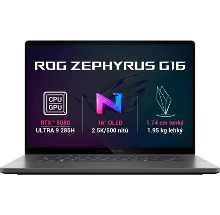 ASUS NTB ROG Zephyrus G16 (GU605CW-QR204), Ultra 9 285H, 16" 2560x1600, 64GB, 1TB SSD, Arc+RTX 5080, No OS, Eclipse Gray ASUS NTB ROG Zephyrus G16 (GU605CW-QR204), Ultra 9 285H, 16" 2560x1600, 64GB, 1TB SSD, Arc+RTX 5080, No OS, Eclipse Gray