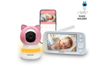 EVOLVEO Baby Monitor N5, Set videochůvičky s 360° dohledem, obousměrnou komunikací a ukolébavkami, růžová