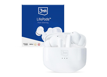3mk bezdrátová stereo sluchátka LifePods, stereo, nabíjecí pouzdro, bílá