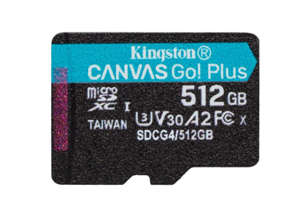 Kingston MicroSDXC karta 512GB Canvas Go! Plus, R:200/W:160MB/s, Class 10, UHS-I, U3, V30, A2 + Adaptér
