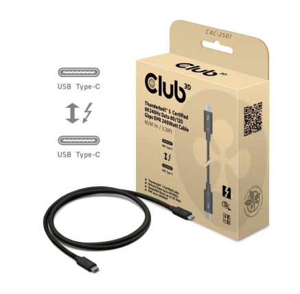Club3D Kabel Thunderbolt 5, 80/120Gbps, Certifikovaný kabel, 1x 4K540Hz, 2x8K240Hz, PD 240W, 1m Club3D Kabel Thunderbolt 5, 80/120Gbps, Certifikovaný kabel, 1x 4K540Hz, 2x8K240Hz, PD 240W, 1m