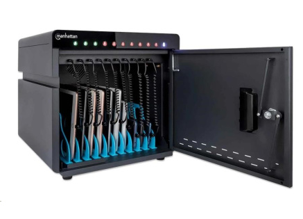 MANHATTAN stolní nabíjecí skříň - 10 portů, 180 W, přepěťová ochrana, tichá ventilace, kovové pouzdro, černá