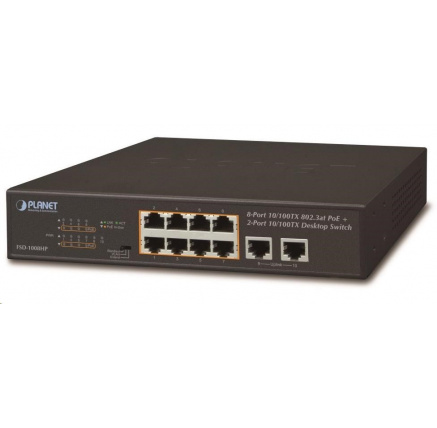 Planet FSD-1008HP Switch, PoE 8x PoE 802.3at 120W+ 2x 100Base-TX,VLAN,extend mód 10Mb/s do 250m, fanless