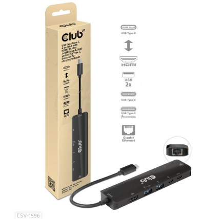 Club3D hub USB-C, 6-in-1 Hub s HDMI 8K30Hz, 2xUSB Type-A, RJ45 a 2xUSB Type-C, Data a PD nabíjení 100W Club3D hub USB-C, 6-in-1 Hub s HDMI 8K30Hz, 2xUSB Type-A, RJ45 a 2xUSB Type-C, Data a PD nabíjení 100W