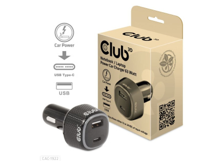 Club3D Auto nabíječka pro Notebooky 63W, 2 porty (USB-A + USB-C) Club3D Auto nabíječka pro Notebooky 63W, 2 porty (USB-A + USB-C)