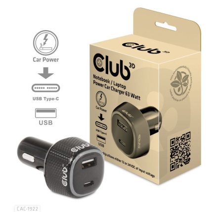 Club3D Auto nabíječka pro Notebooky 63W, 2 porty (USB-A + USB-C)