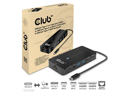 Club3D hub USB-C, 7-in-1 hub s 2x HDMI, 2x USB Gen1 Type-A, 1x RJ45, 1x 3.5mm audio, 1x USB Gen1 Type-C, 100W PD
